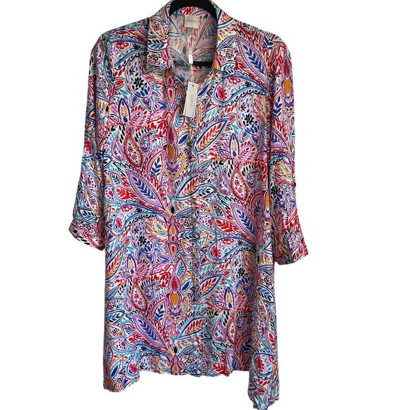 Cupio Tunic Top Button Up Sharkbite Hem Paisley Colorful Sz M 3/4 Sleeves NWT - Picture 1 of 11